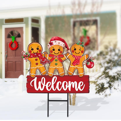 Whaline Christmas Metal Garden Stake Welcome Yard Sign Gingerbread Man Decorative Lawn Sign for Xmas Winter Holiday Home Outside Lawn Porch Walkway Decors