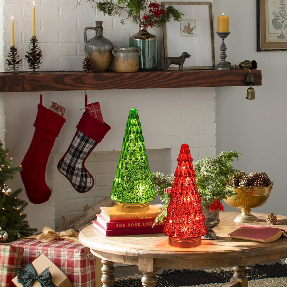 PHITRIC Christmas Decorations Indoor, 2 PCS Sparkling Glass Christmas Tree Table Centerpieces Decor with LED Lights and Timer, Xmas Tree Decorations for Home, Mantel, Shelf, Tabletop (Red & Green)