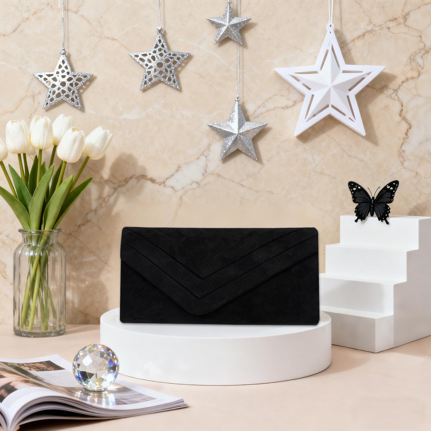 Larcenciel Elegant Black Suede Envelope Clutch Purse for Women, Soft Velvet Pleated Evening Bag with Detachable Chain Strap, Ladies Party Handbag for Formal Events, Wedding, Cocktail, Prom, Date Night