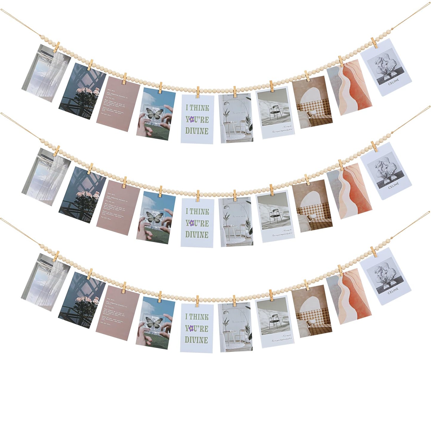 Hanging Photo Display with Clips, Boho Wooden Bead Garland Collage Picture Frame Wall Decor, Photo String with 10 Clips for Bedroom Room Dorm Cubicle Decor, Christmas Teen Girls Gifts , 3 Pack