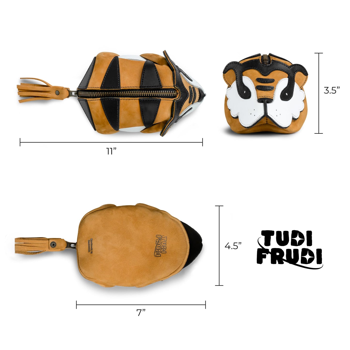 Tudi Frudi, Tiger-Shaped Pouch, Leather Coin Purse, Small Charger Cable Holder, Change Bag, Zippered Cable Case, Purses & Pouches for Cash, Tiny Travel Carrier, Old Tobacco