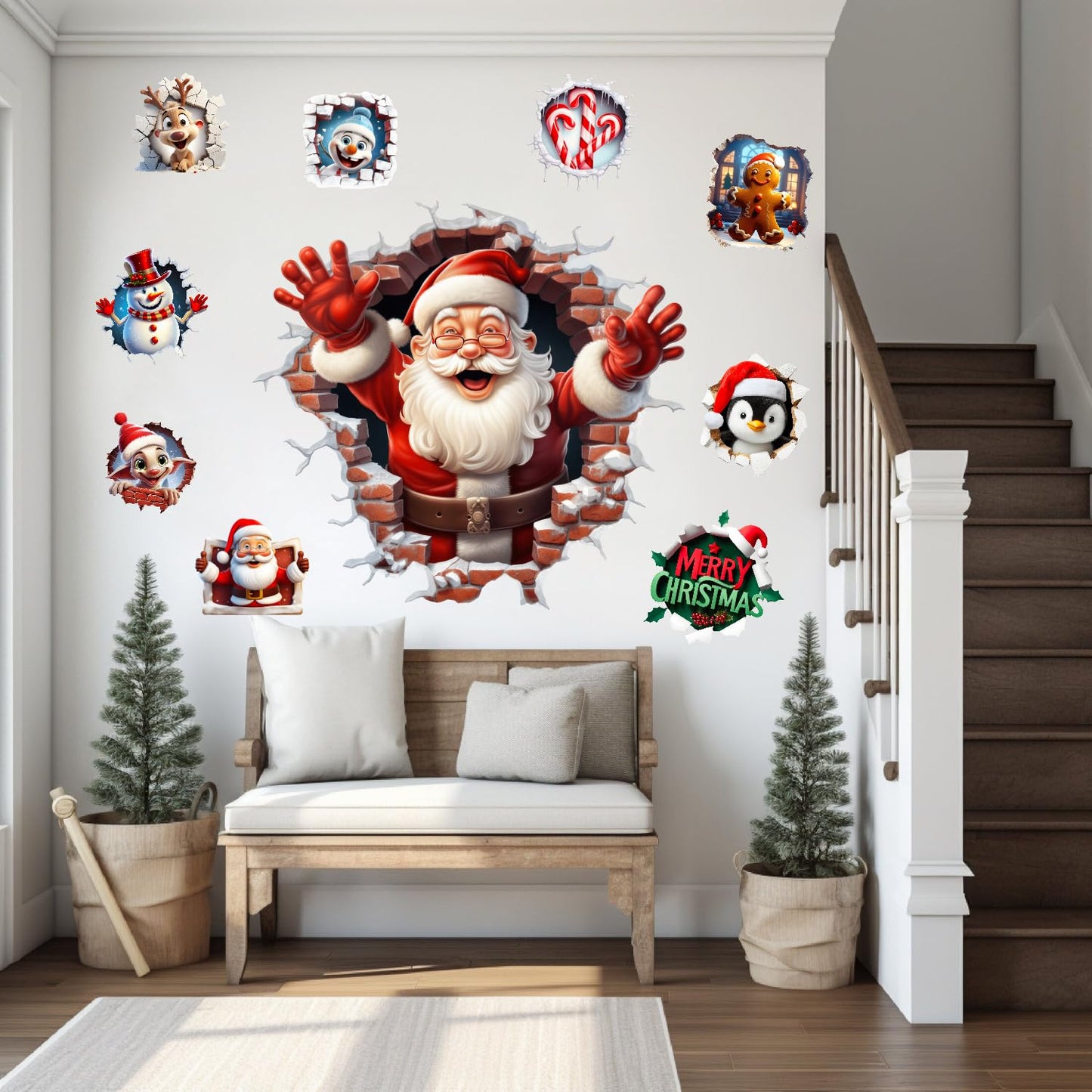XUOIAYNB Large 3D Santa Claus Christmas Wall Stickers,Snowman Gingerbread Man Reindeer Candy Vinyl Wall Decals, Removable Winter Holiday Xmas Break Through Wall Art for Kids Bedroom Playroom Decor