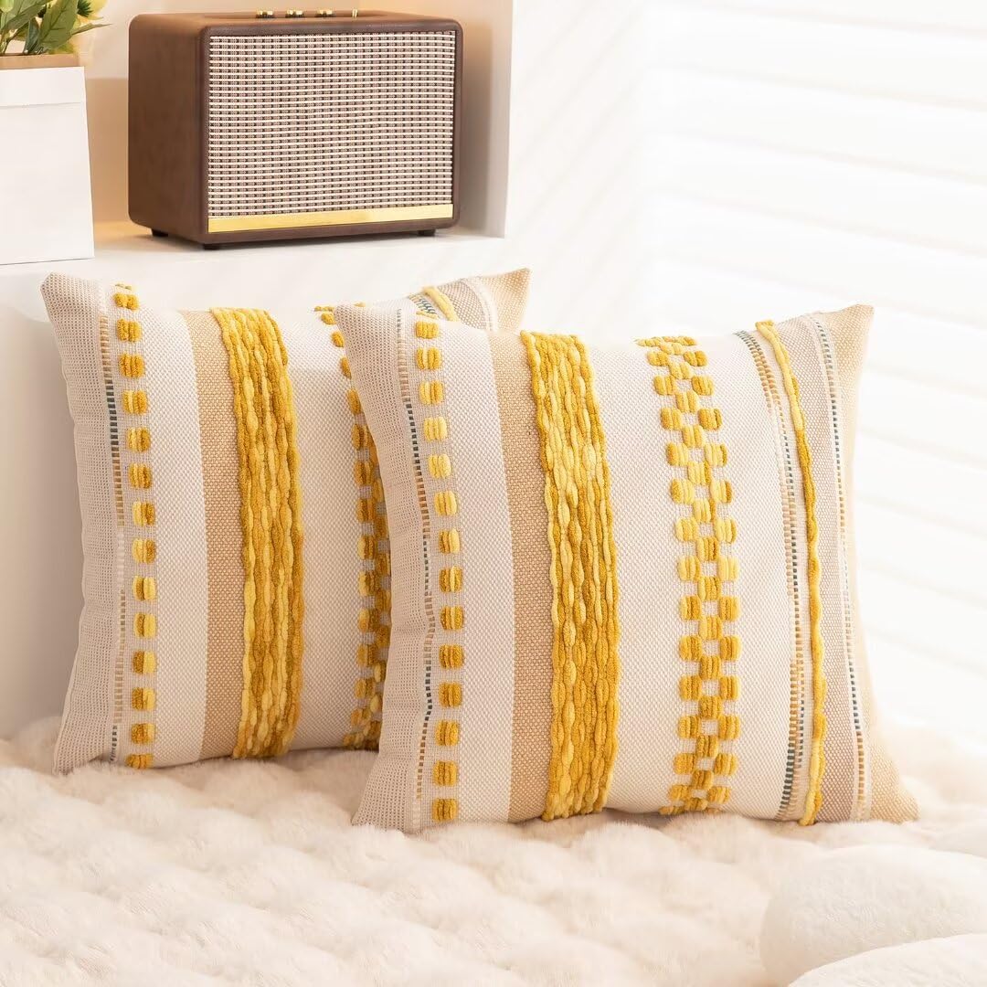 WANLIRD Boho Throw Pillow Covers 18x18 Set of 2 Farmhouse Decorative Cushion Case Striped Square Pillows Cover Chenille Pillow Cases Accent Neutral Pillowcase for Sofa Couch Bed,Yellow