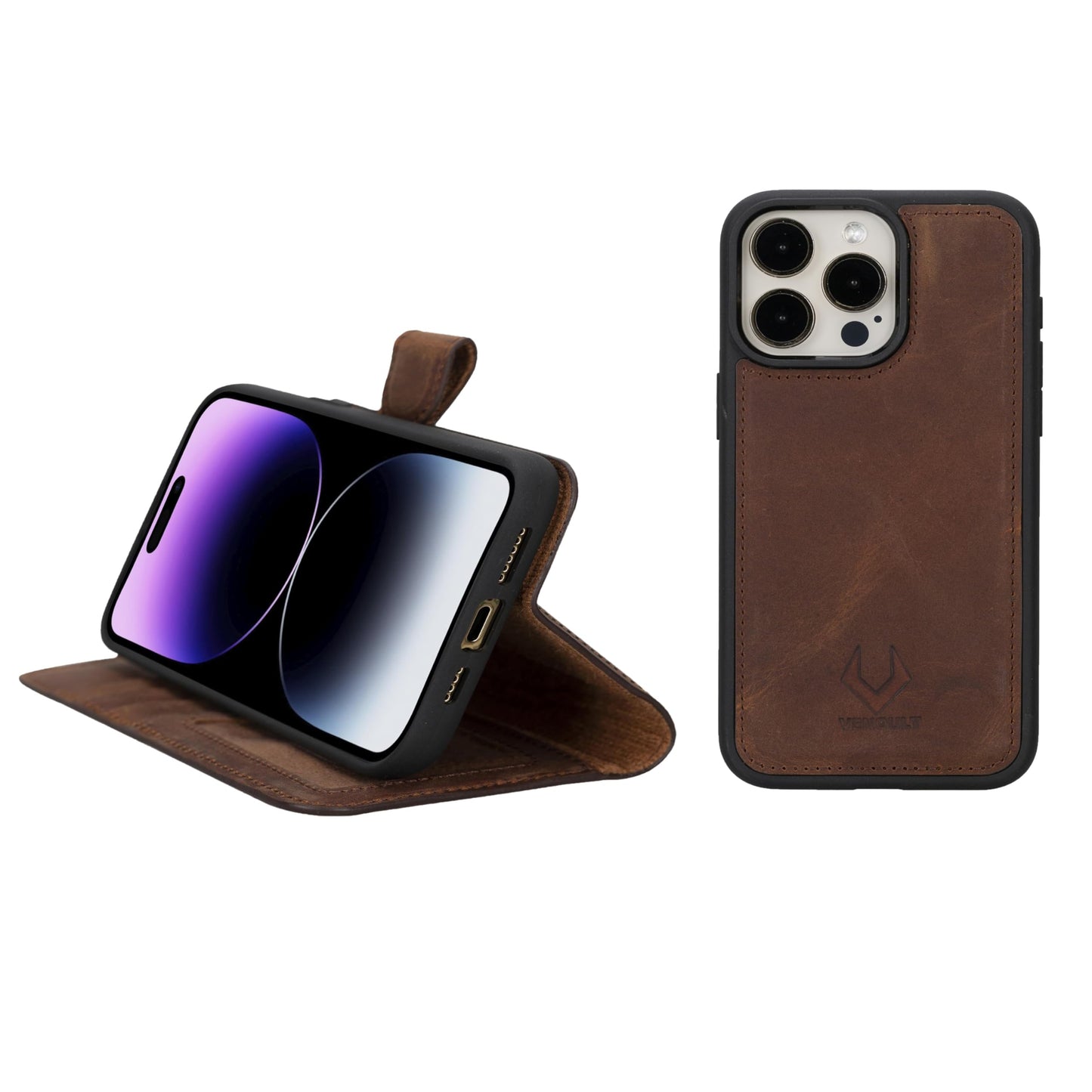 VENOULT Detachable Wallet Case for iPhone 15 Pro MAX, 4 Card Holder Wallet, Man or Women Folio Cover, Compatible with Magsafe, RFID, Genuine Leather, Kick Stand (Vintage Brown)