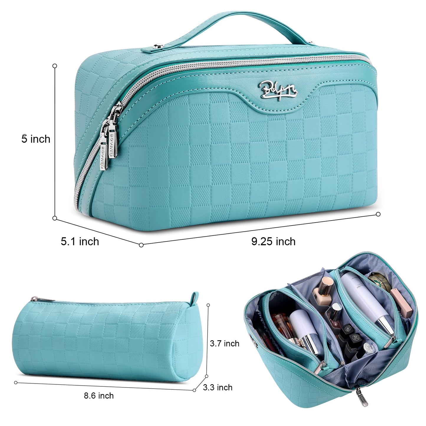 BOYATU Checkered Travel Makeup Bags: Vacation-Ready Light Blue Large Capacity Cosmetic Bag for Women - 3 Pcs Set Toiletry Organizer with Waterproof Leather - Easy to Clean Beach Trip Essential