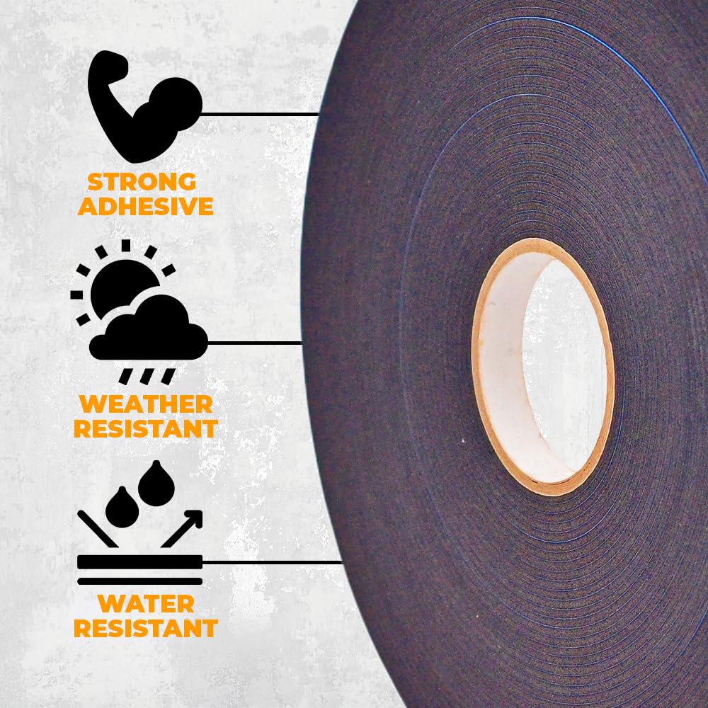 WOD WGT06P Double Sided Foam Mounting Tape, 1/16 inch Thick x 3/8 inch x 150 Ft. Weather Resistant for Gap Filling, Home or Office Decor, Dual-Pane Glass Bonding, Replacing Insulated Windows, Black