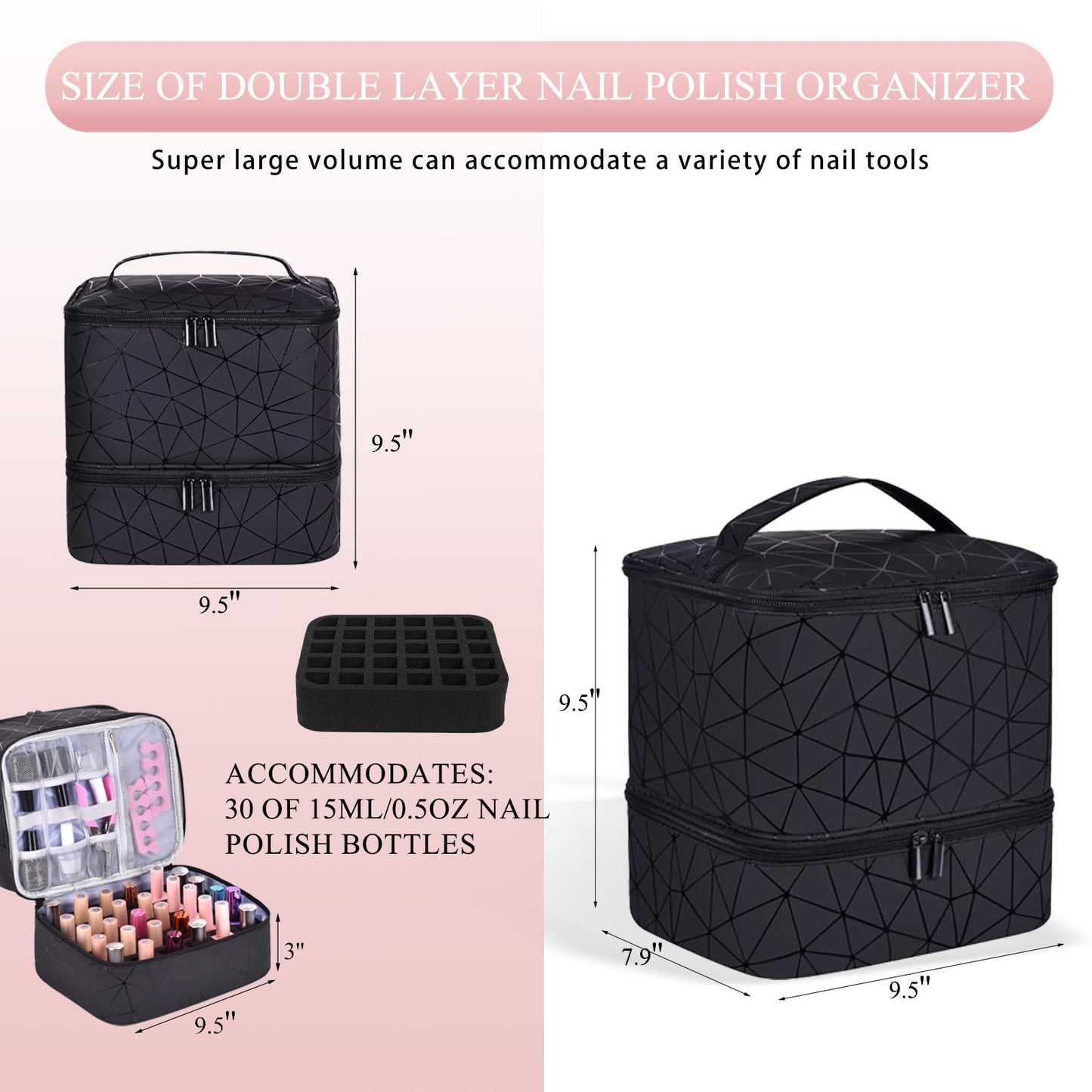 RZMAYIS PU Leather Nail Polish Organizer, Double Layer Nail Polish Storage Holds 30 Bottles (15ml/0.5fl.oz) & Nail Lamp, Portable Nail Bag Organizer Case for Nail Tech Travel & Manicure Kit