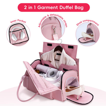 Modoker Leather Garment Bag for Travel – 2-in-1 Carry-On Suit Bag & Weekender for Women – Wedding Dress Luggage with Shoe Compartment & Shoulder Strap – Ideal for Business Trips,Pink