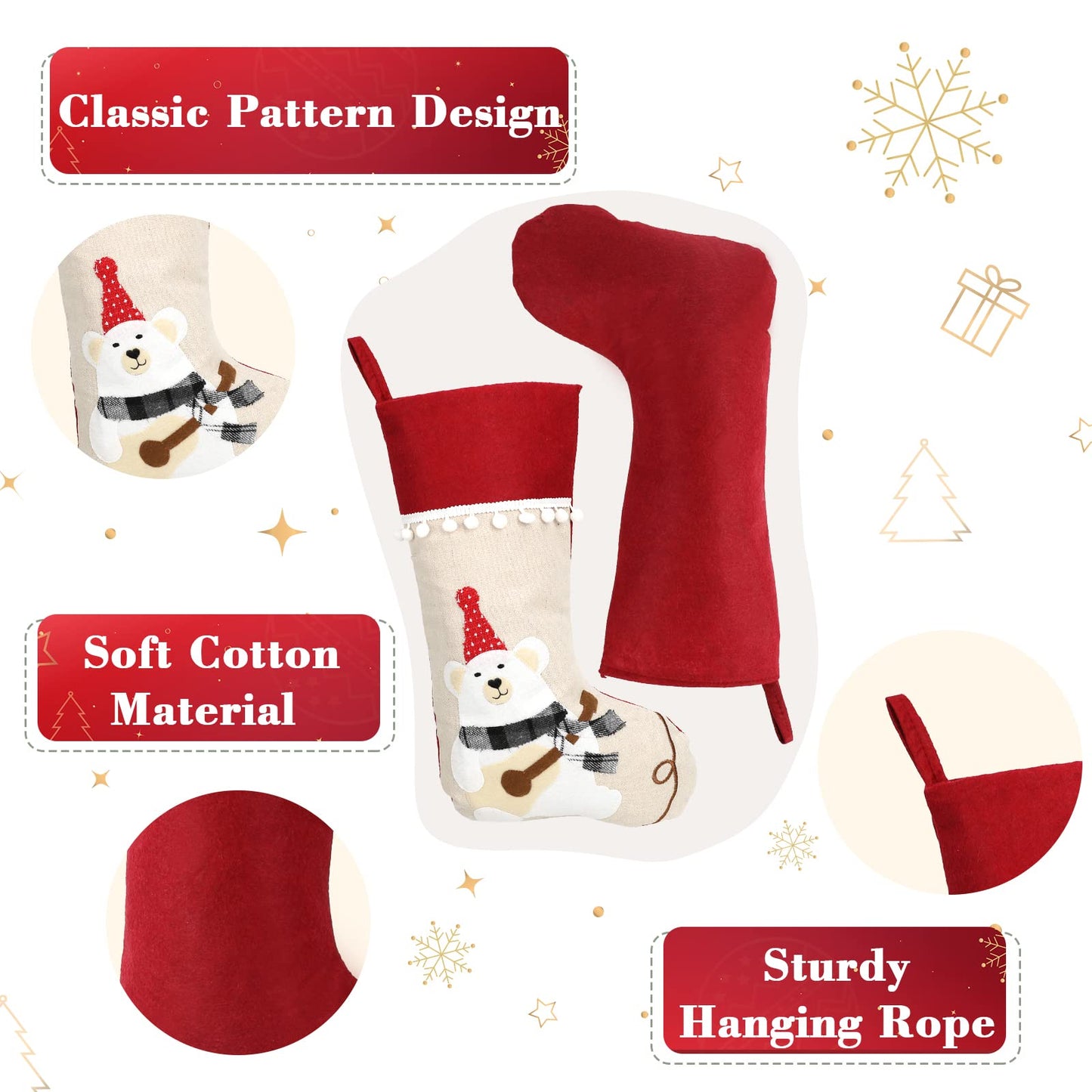 AUTGA Christmas Stockings 4 Pack, 18'' Large Xmas Stockings with Santa Snowman Gnomes Pattern, Christmas Stockings for Family Stairs Fireplace Tree Hanging Home Decorations Party Season Decor