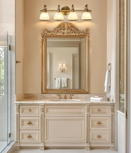 ANDY STAR Brushed Gold Vanity Light, 4-Light Bathroom Light Fixtures, Vintage Wall Lamp with Bell Shaped Frosted Lampshade, 27.8 Inch Bathroom Lighting Fixtures Over Mirror, (Bulbs Not Included)