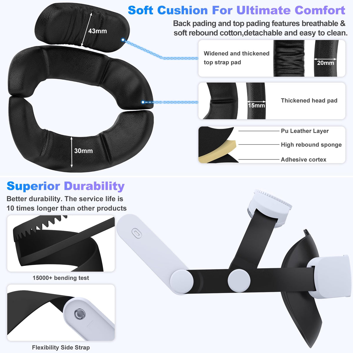 Kawaye for Meta Quest 3S/Quest 2/Quest 3 Head Strap, Double Knobs Adjustable Elite Strap Replacement,VR Headset Strap with Two Large Support Pad Enhanced Support, Reduce Pressure-MQ2000