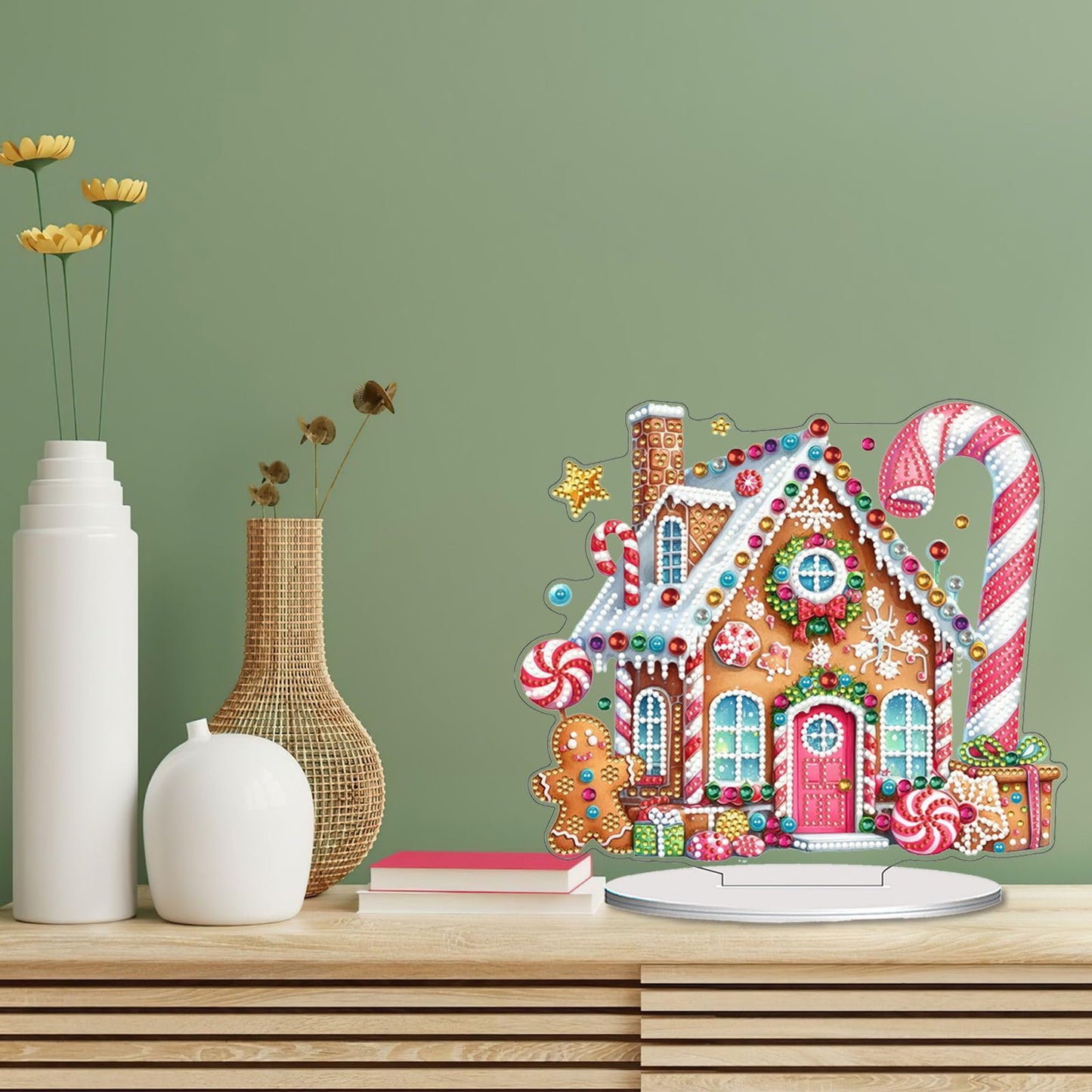 VODAPYC Christmas Diamond Art Tabletop Painting Kit, DIY Stand Up Double Sided Special Shaped Diamond Painting Desktop Ornament for Home Decor(Gingerbread House-1)