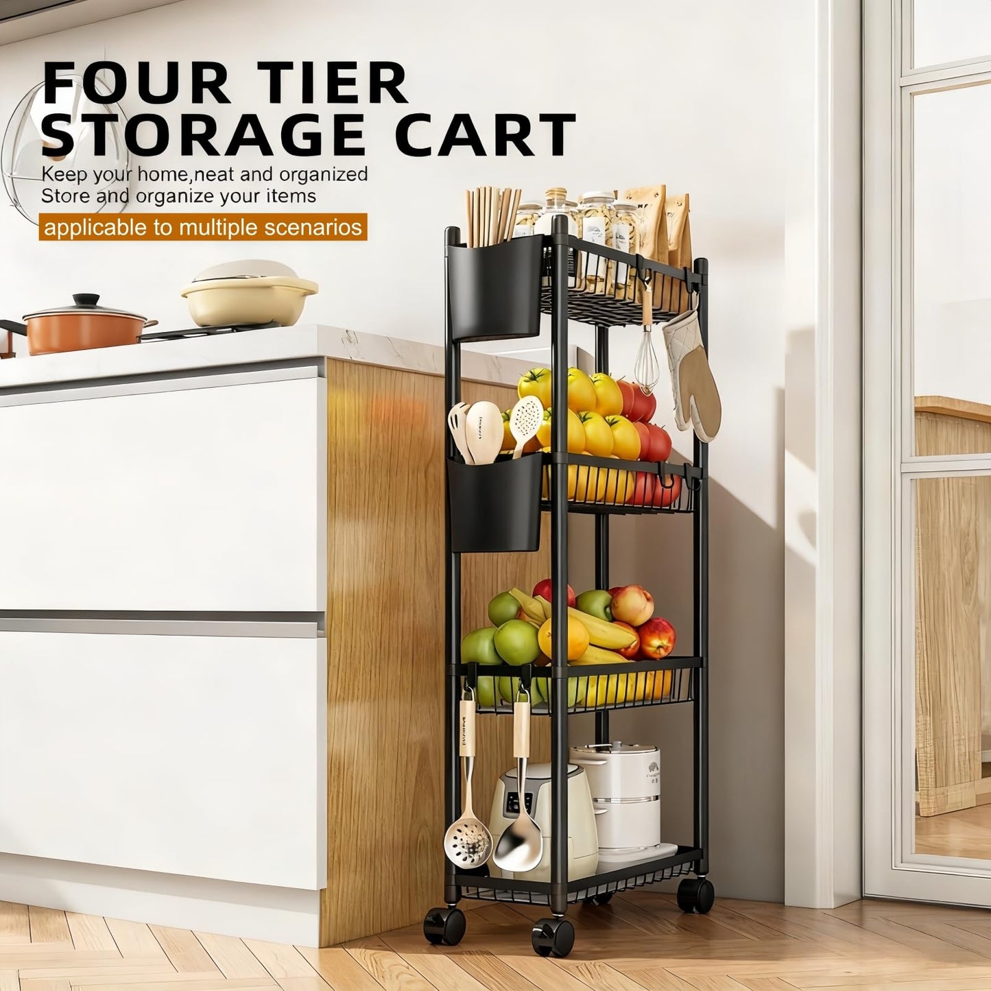 Slim Rolling Storage Cart, 4 Tier Narrow Utility Cart with Wheels, Skinny Metal Mobile Shelf Unit Organizer for Bathroom Kitchen Laundry Room Pantry Office Small Spaces, Black