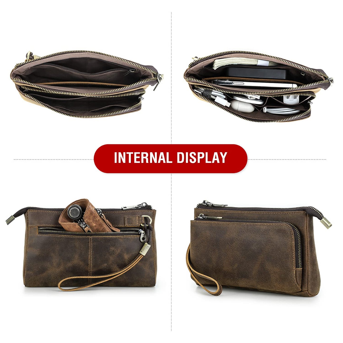 CataPurus Electronic Organizer Zipper Bag Tech Kit, Top Grain Leather Handmade, Portable Compact Travel Apple Accessories Storage Pouch Fits Phone, USB Cables, Power Banks, Chargers, Hard Drive