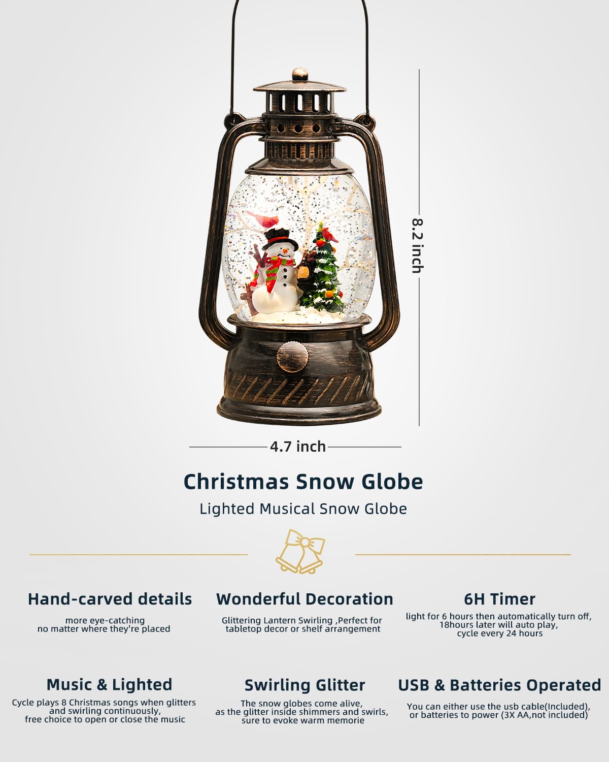 Snow Globe Christmas Decorations Indoor - Musical Christmas Snow Globes with 6H Timer,Snowman Christmas Snow Globes Lantern USB or Battery Powered,Christmas Decor for Home