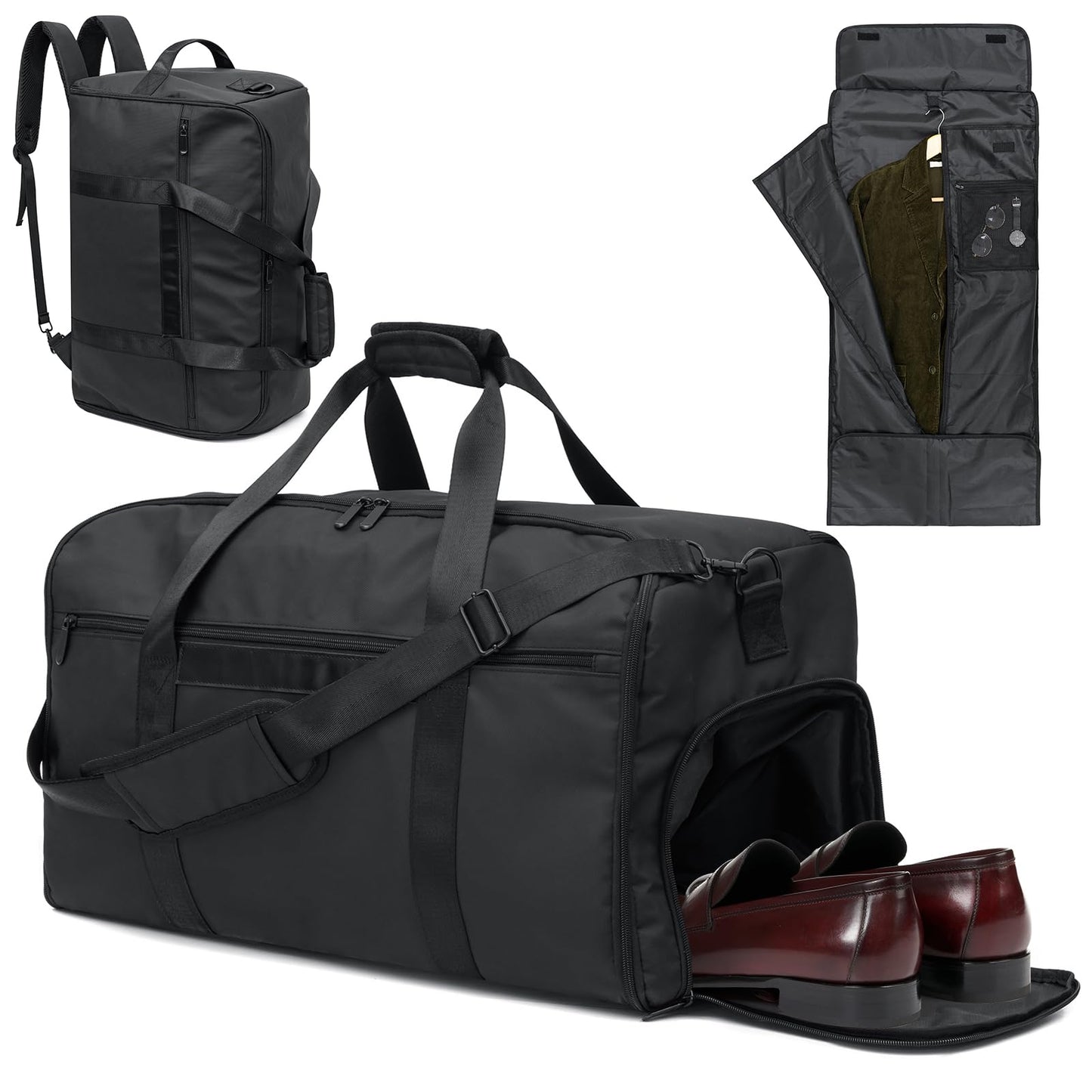 GARPROVM Garment Duffle Bags for Travel, 4 in 1 Convertible Garment Bags with Separated Suit Bag Shoe Compartment, Waterproof Carry On Luggage Bag Backpack for Short Trip, Weekender Bag for Men Women