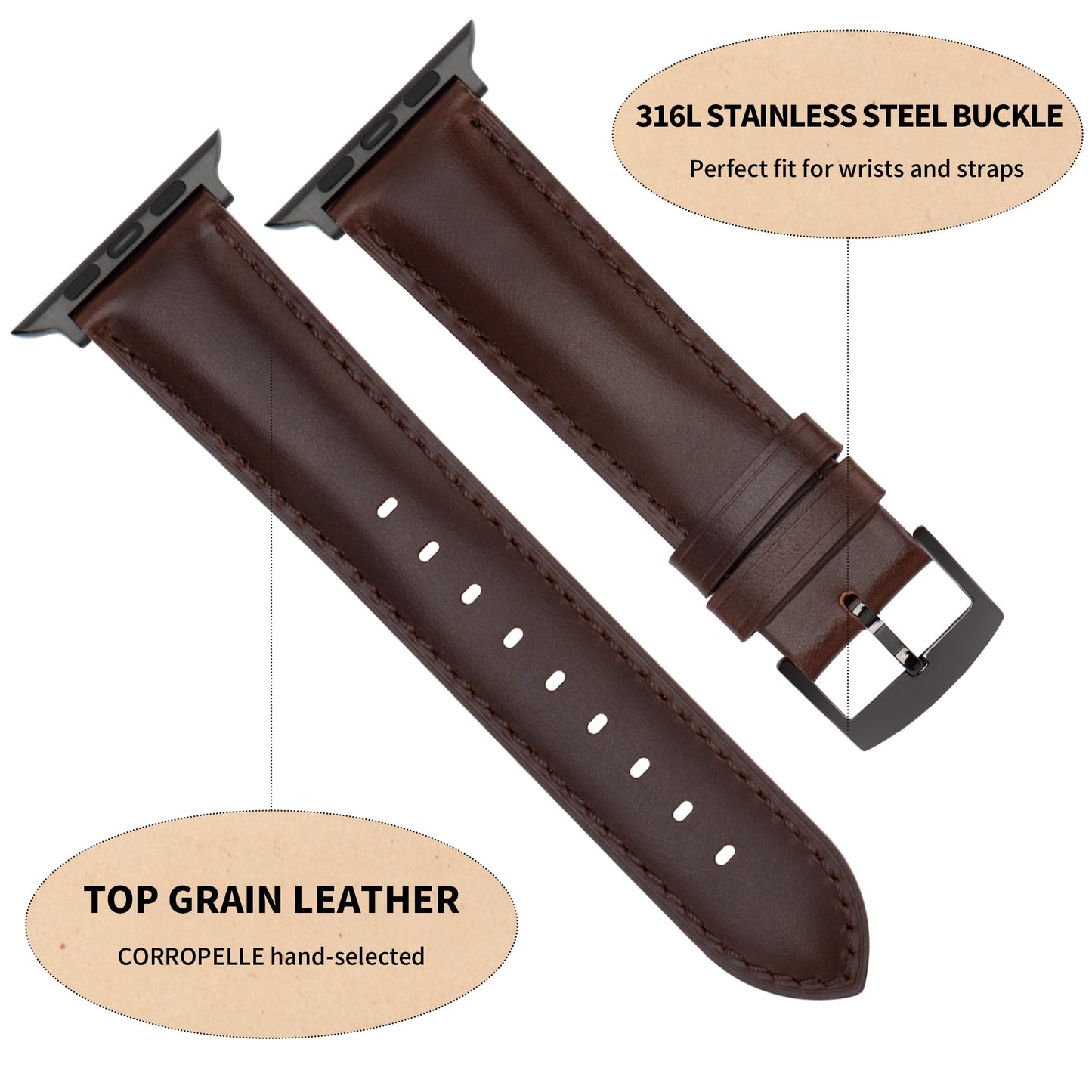 CORROPELLE Leather Watch Bands Compatible with Apple Watch 42mm 41mm 40mm 38mm for Men Women, Top Grain Genuine Leather Straps Replacement Band for iWatch Series 11 10 9 8 7 6 5 4 3 2 1 SE3 SE2 SE