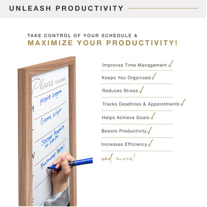 MCS Dry Erase Weekly Planner 11x24 Walnut Framed Calander Whiteboard for Wall, Plan Your Week with Family Weekly Planner for Dinners, Sports, Events & More