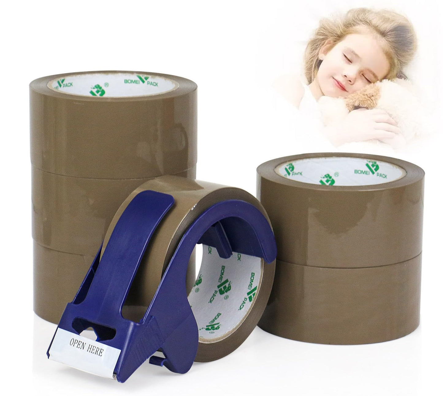 BOMEI PACK 6 Rolls Silent Brown Packing Tape, 1.88" x 60 yds,Heavy Duty Packaging Carton Tape for Shipping Packaing Moving Sealing, 2.4mil Thickness, 60 Yards Per Roll with Blue Dispenser