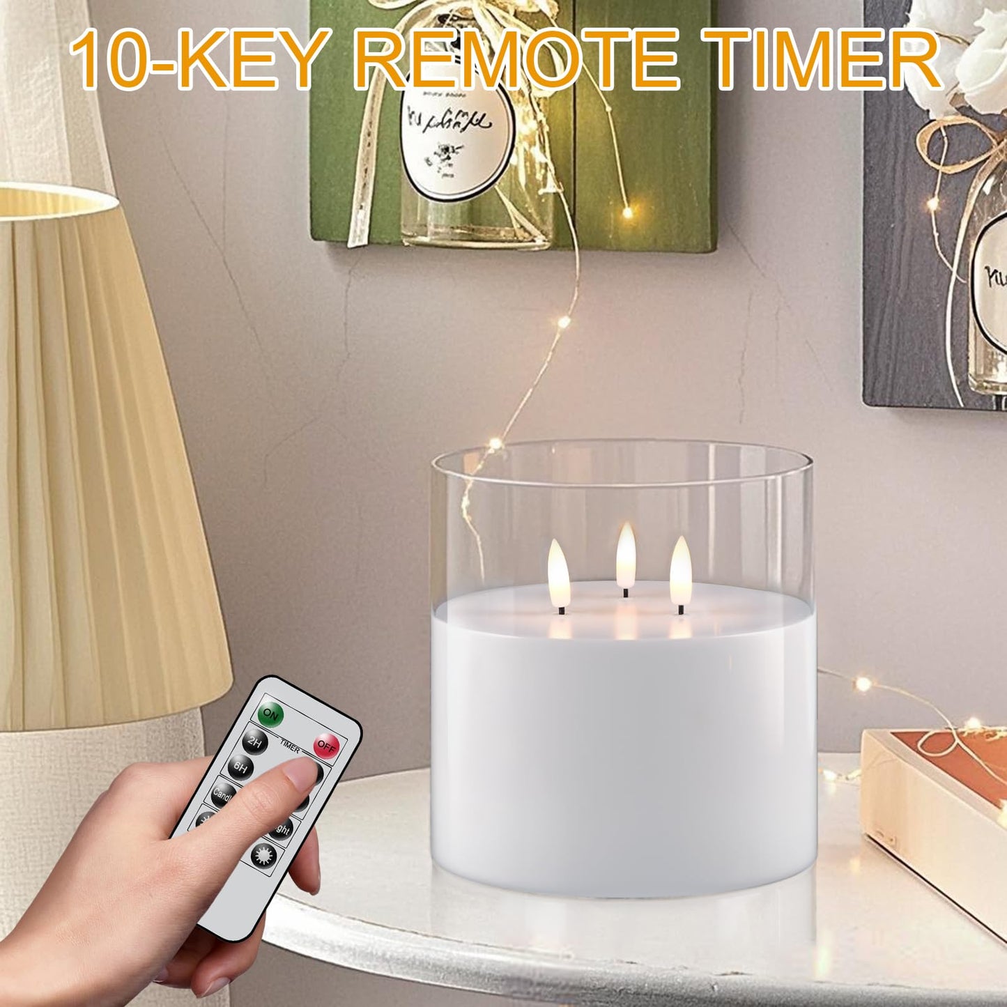 GenSwin Glass Flameless Candles Flickering with 3 Wicks and Remote Timer, 1 Pcs Clear LED Candles Battery Operated, Large Glass Candle for Halloween Christmas Home Decor(D6” x H6”)