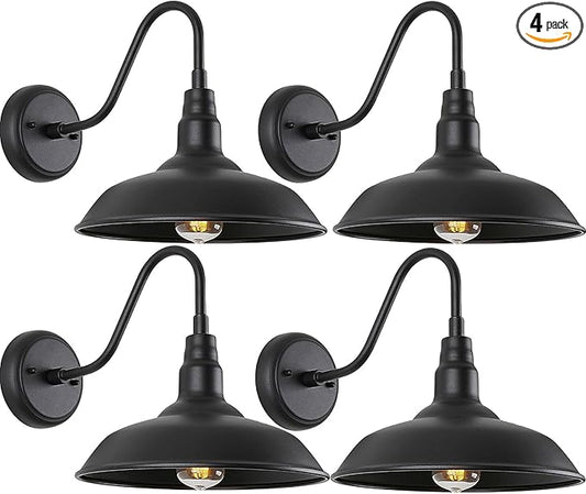 10in Black Gooseneck Barn Lights 4 Pack Farmhouse Barn Wall Mount Light Fixture Exterior Waterproof Industrial Porch Wall Sconce for Garage, Patio, Doorway, LM2201-4P
