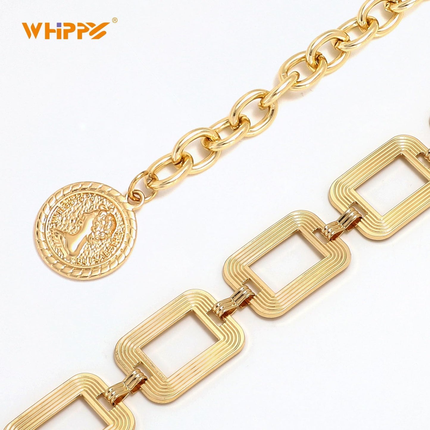 WHIPPY Metal Waist Chain Belt Women Adjustable Body Link Belts Ladies Fashion Chain for Jeans Dress, Gold Rectangle M