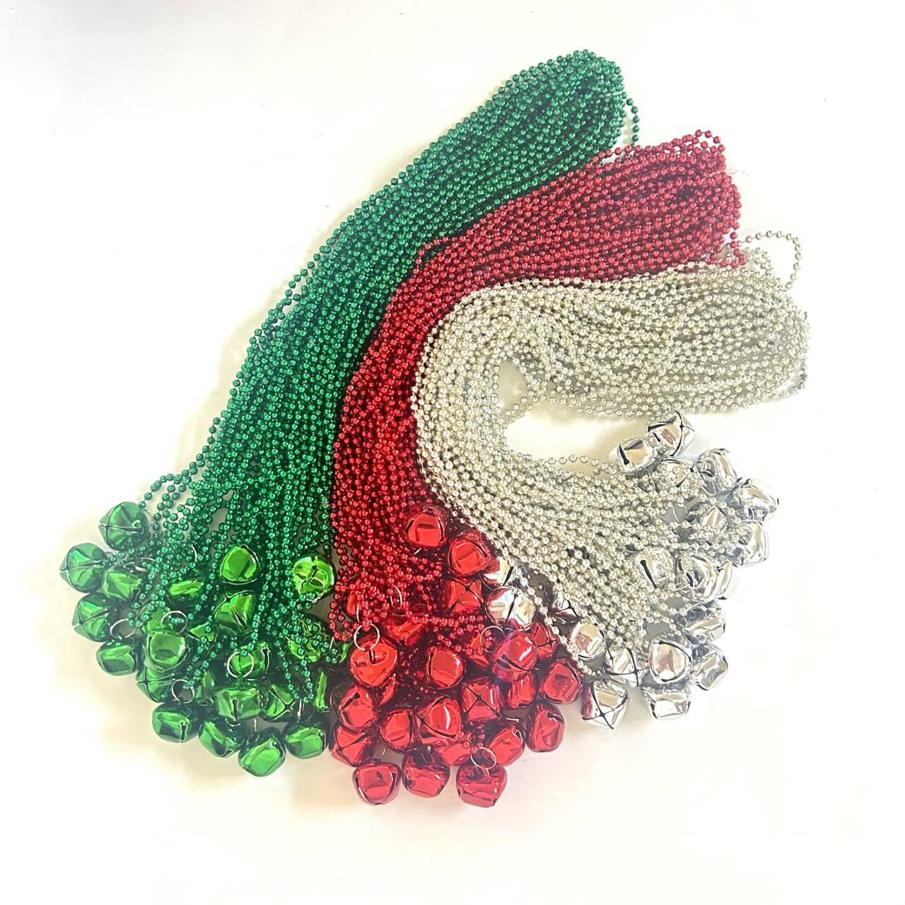 GZYSSL 72 Pcs Christmas Jingle Bell Party Beads Necklaces Red Silver Green Christmas Tree Holiday Jingle Bell Beads Party Supplies