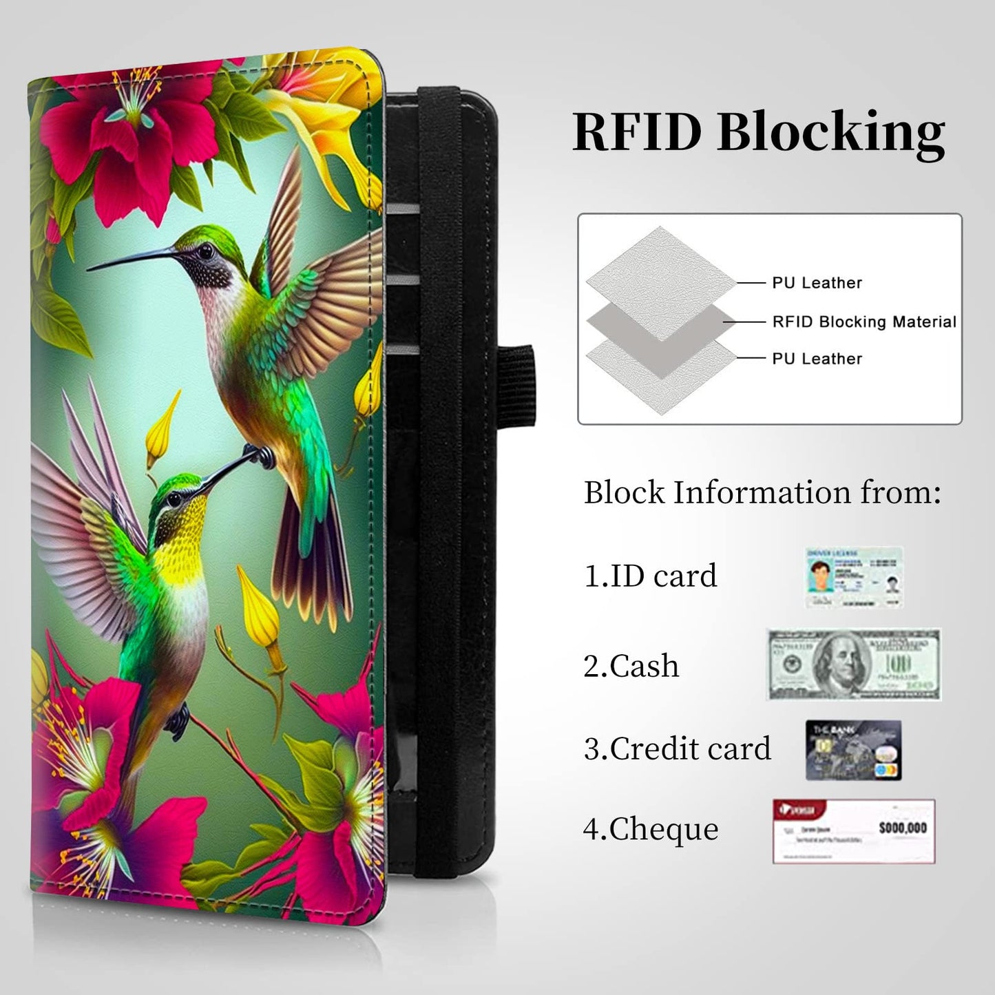 BPQOJB Checkbook Cover for Men and Women Personal Checkbook PU Leather Check Book Credit Card Holder Wallet with RFID Protection & Built-in Pen Holder for Duplicate Checks,Green Hummingbird