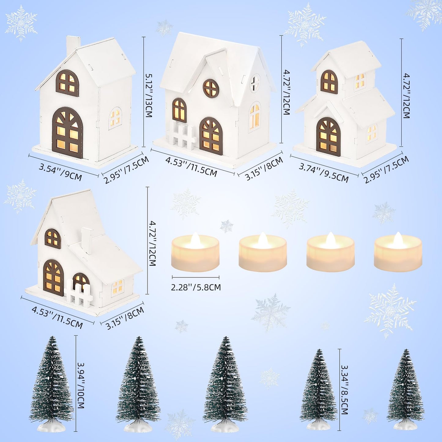 Ovootok Wood & Plastic Christmas Sculpture Set, 9pcs, Including 4 LED Lighted Houses and 5 Frosted Trees for Tabletop Mantel Décor