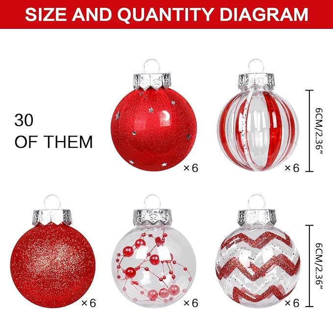 SY Super Bang 30PCS Red Christmas Ornaments Set, 60MM/2.36" Clear Plastic Shatterproof Ball Ornaments for Christmas Tree Hanging Decorations, for Home Holiday Party Xmas Decor.