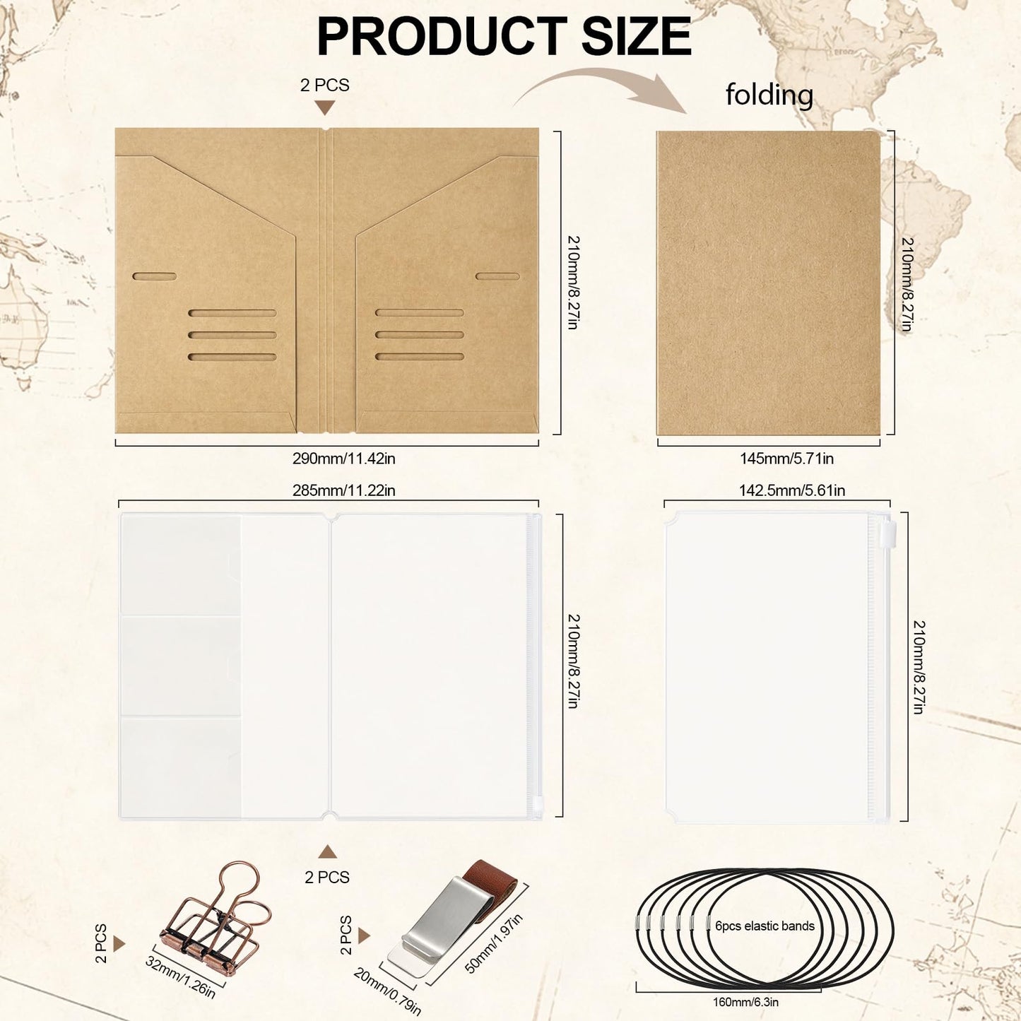 Travelers Notebook Accessories Kit - Kraft File Folders, PVC Zipper Pouches, Pen Holders, Binder Clips, Elastic Bands for Travel Journal Organizer(2 Pack, A5 Size)