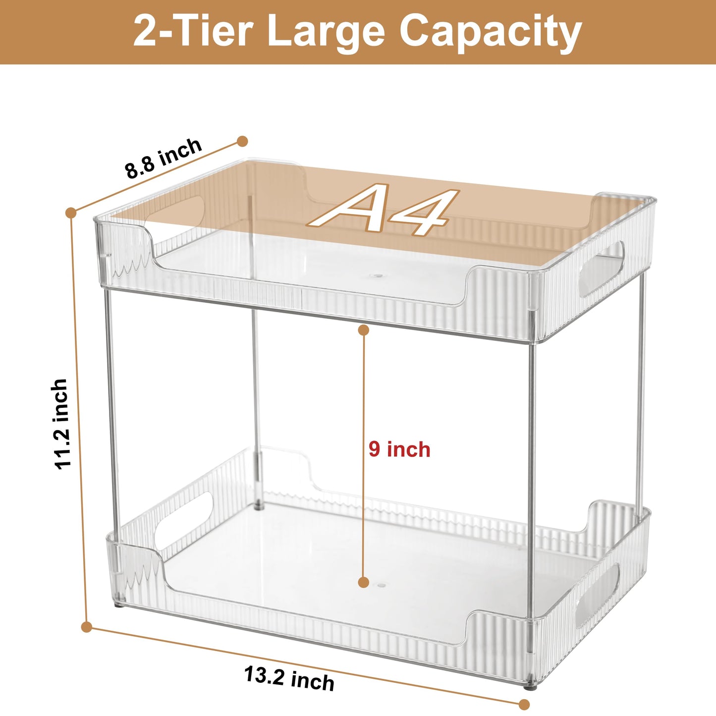 Goderewild 2-Tier Bathroom Counter Organizer, Multi-Purpose Cosmetics Skincare Shelf, Fits A4 Size Makeup Organizer for Office and Vanity Tray, Countertop Storage Solution for Kitchen,Bath.(Clear)