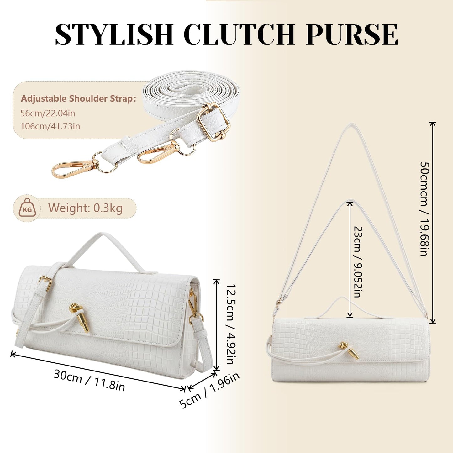 BWKUNOLF Evening Clutch for Women Crocodile Print - PU Leather Crossbody Bag with Removable Strap, Formal Party & Wedding Handbag (White)