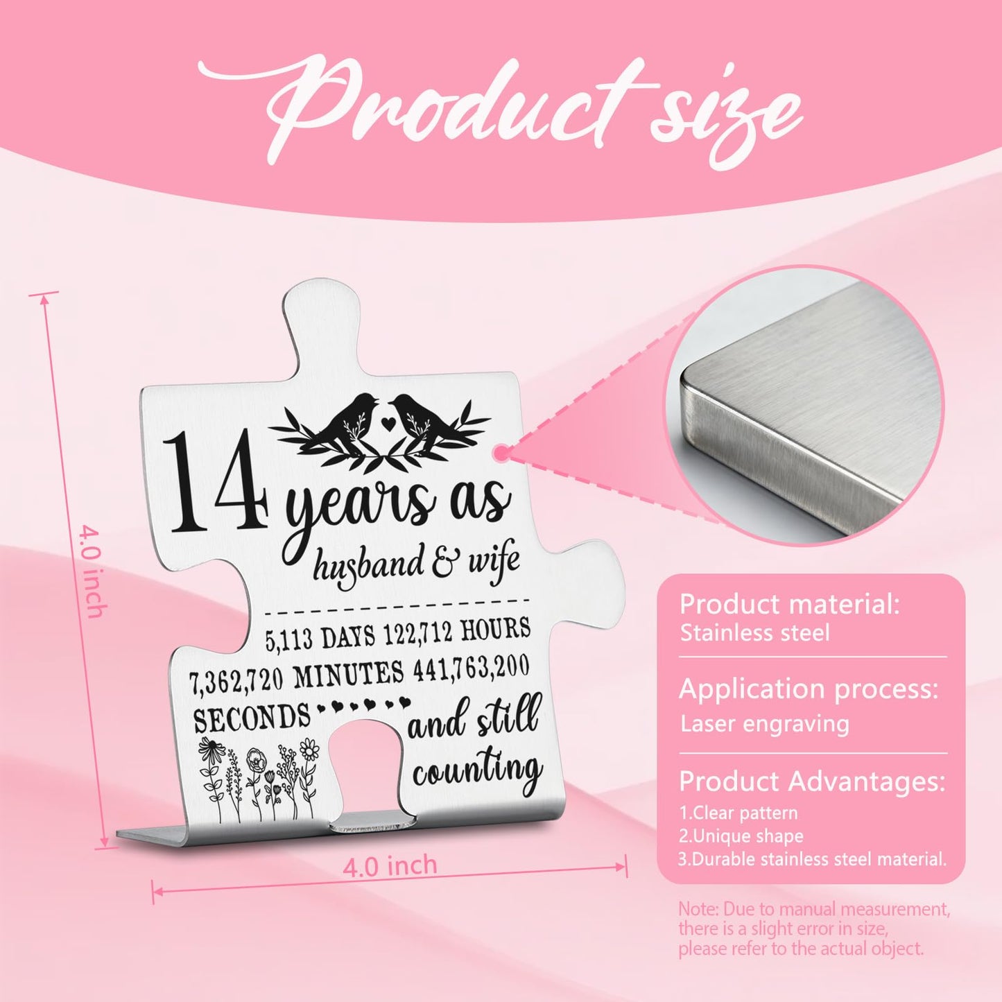 14 Years Anniversary Plaque Gift for Husband Wife, 14th Marriage Gift for Couple Ornament Decor Stainless Steel Puzzle Piece Decorative Signs Plaques YPP6