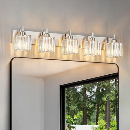 Modern Bathroom Vanity Light 5-Lights Brushed Nickel Vanity Light Crystal Wall Light Bathroom Light Fixtures