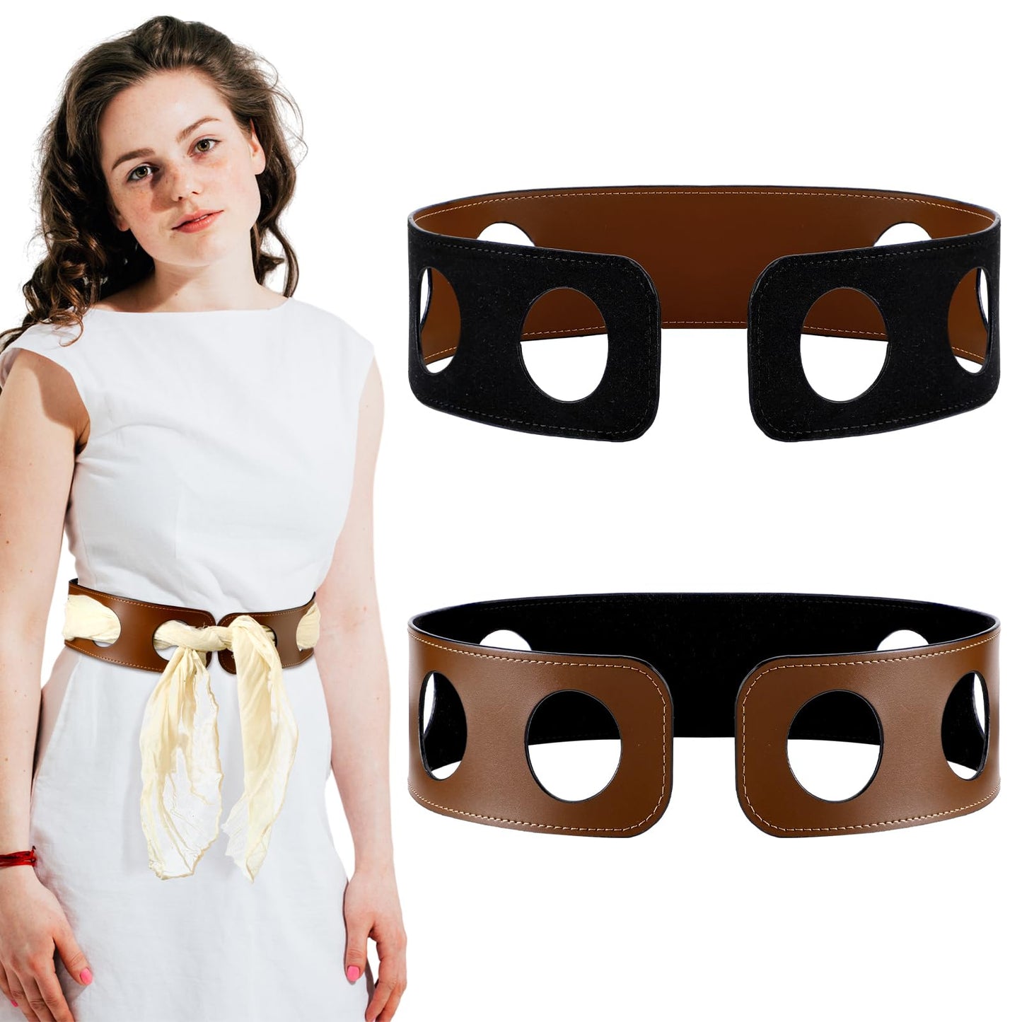 Cutecrop Reversible Scarf Waist Belt, Double Sided PU Leather Scarf Belt 27.5 x 2.5in Versatile Reversible Wide Black and Tan Accessory PU Wide Leather Belts for Women, Without Scarves