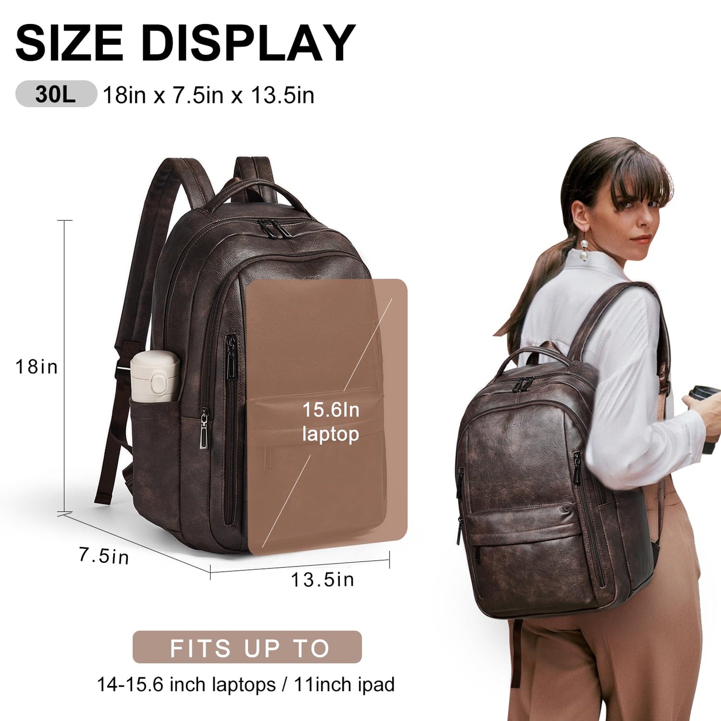 LATMAP 30L Backpack Purse for Women Men Laptop Backpack, Faux Leather Travel Work Backpack Teacher Bookbag fits 15.6" Laptop,Coffee