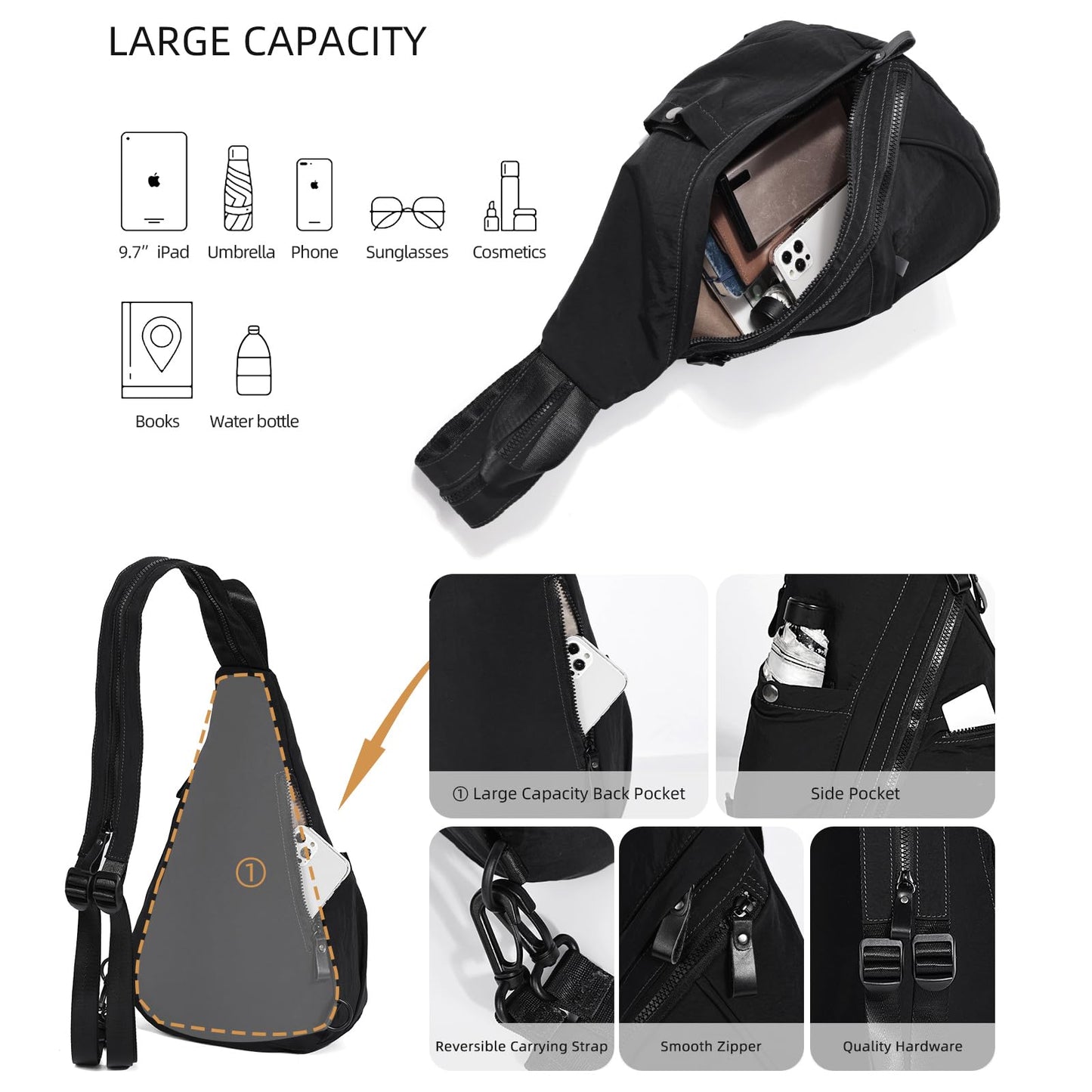 KL928 Crossbody Sling Backpack Nylon Cross Body Bag Travel Hiking Shoulder Bags Daypack Rucksack Unisex (Black)