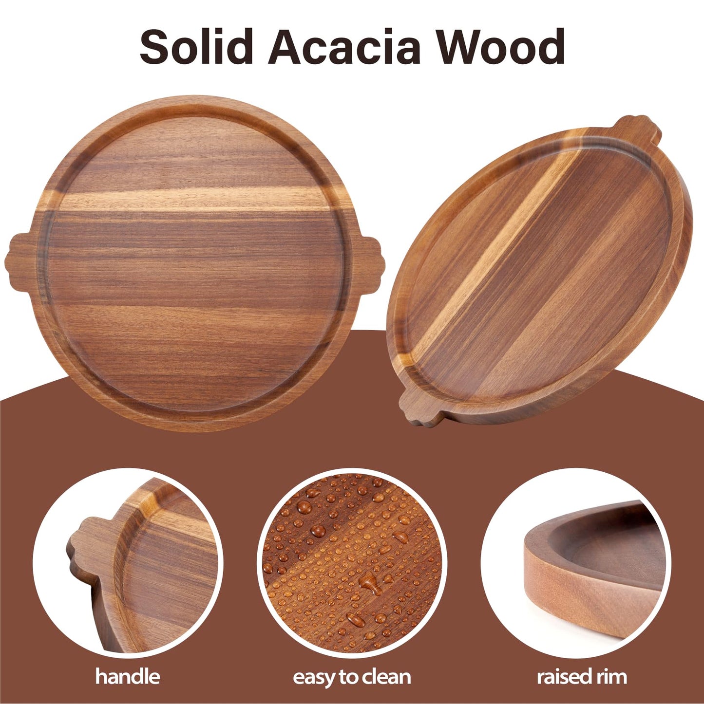 Charcuterie Board | Acacia Wood Serving Tray with Handles 13'' | Round Decorative Ottoman Coffee Table Tray | Circular Wooden Cheese Board Serving Platter for Party Supplies | Includes 1 Board