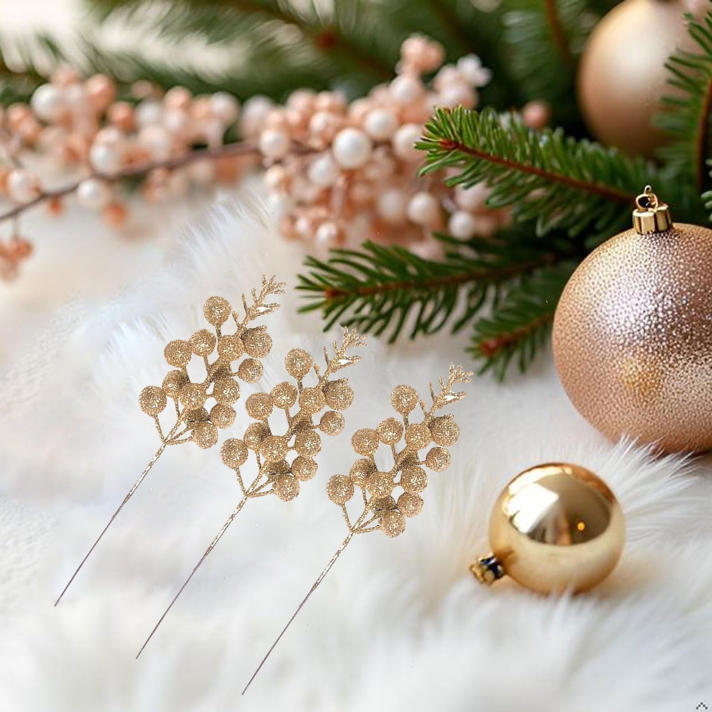 Uabwim 24 Pack Artificial Christmas Glitter Berries Stems Branches,Christmas Faux Holly Berries Branches Ornaments for Christmas Tree Wreath DIY Craft Decorations Holiday Home Decor(Champagne)