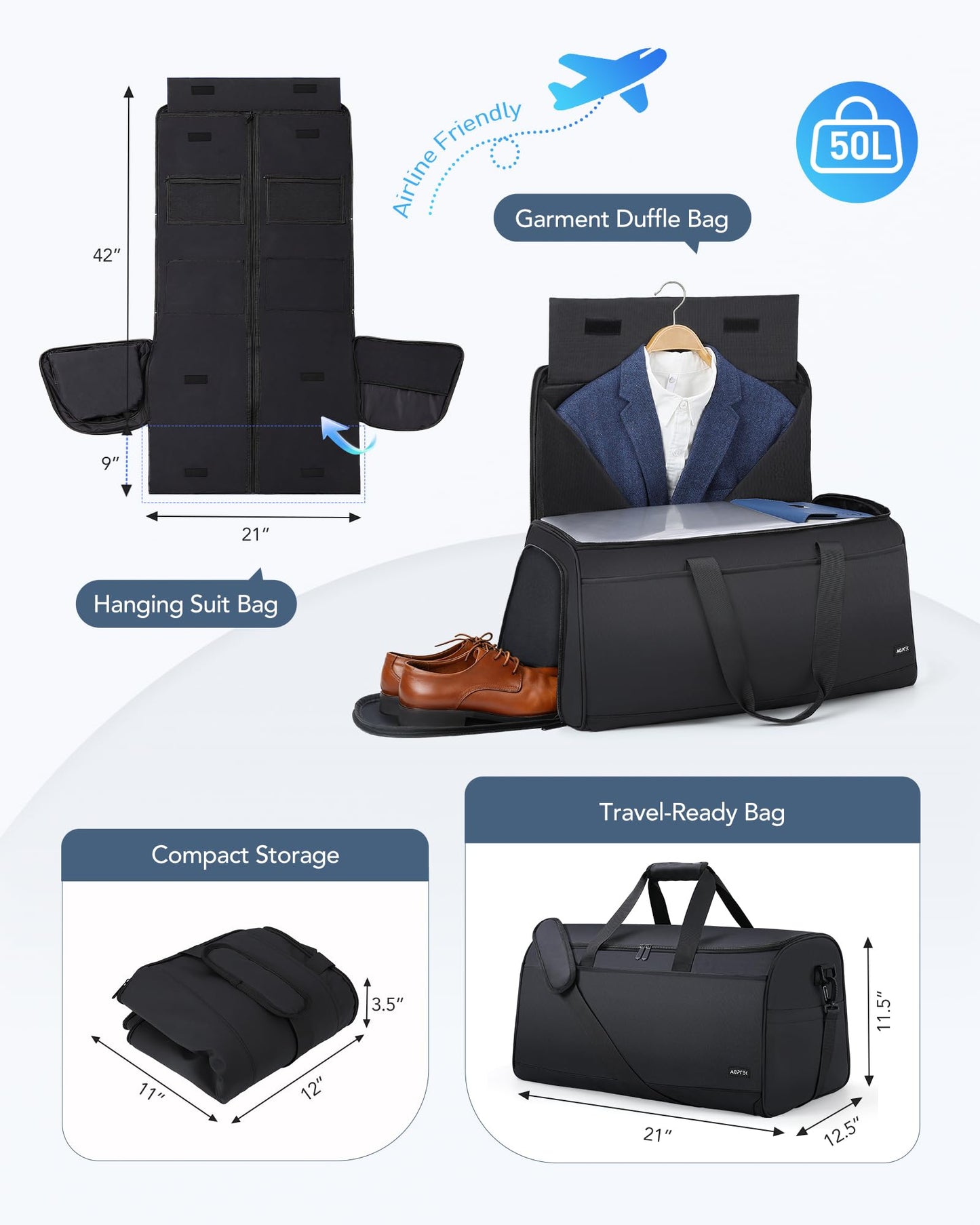 Convertible Travel Garment Bag, Carry on Garment Duffel Bag, 2 in 1 Hanging Dress Suitcase Suit Travel Bags for Business Trips with Shoe Compartment & Multiple Pockets, AGPTEK (Black)