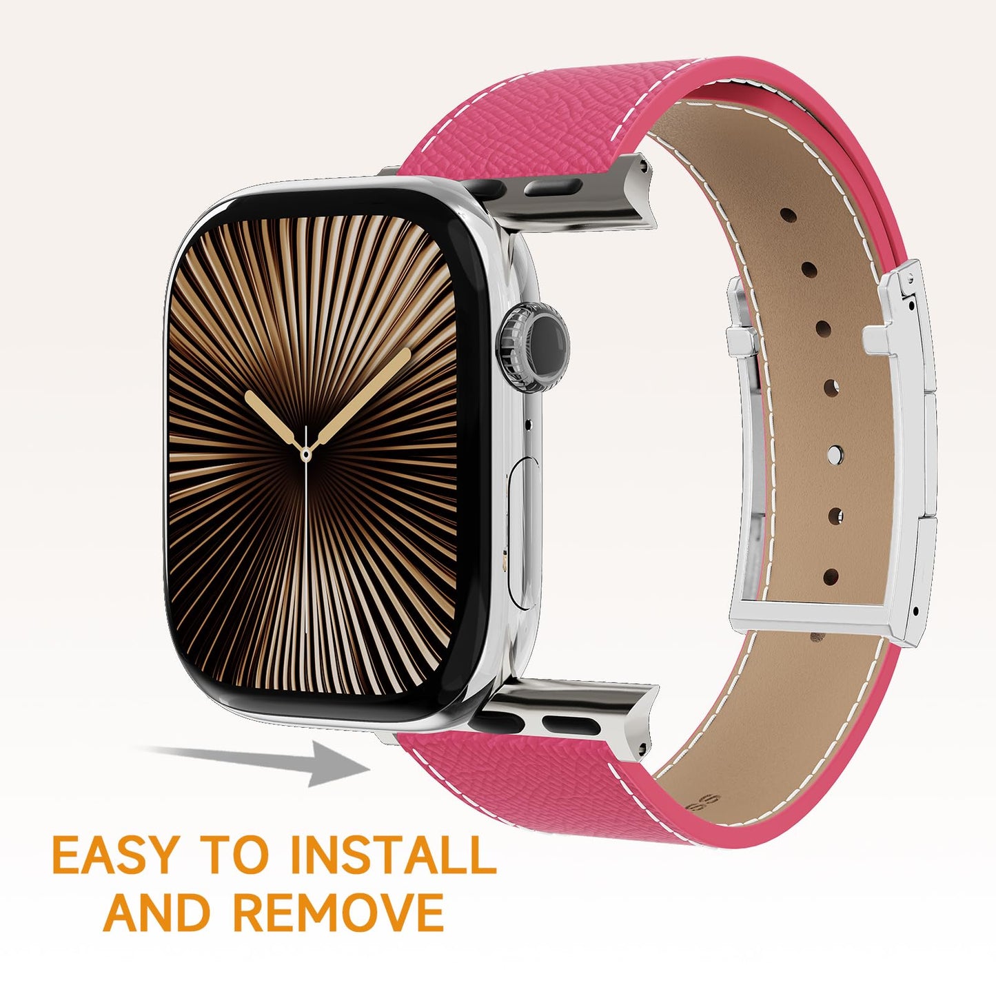 Leather Band Compatible with Apple Watch 49mm46mm45mm44mm42mm41mm 40mm38mm,Stylish Magnetic H Buckle Strap for iWatch Ultra 2/1/SE/Series 10/9/8/7/6/5/4/3/2/1 Women Men (Pink Band+Silver H Buckle, 38mm40mm41mm42mm)