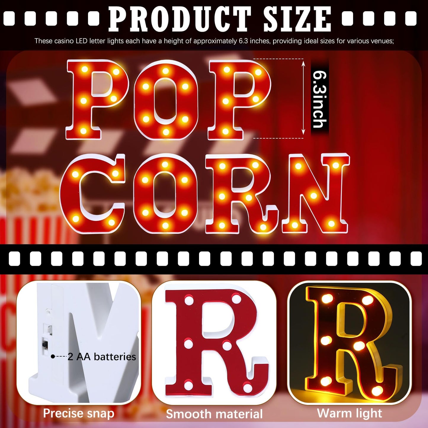 Aurelema Popcorn 6.3" Light up Letters Sign Party Decorations Battery Powered Marquee Lighted Sign LED Alphabet Letter Lights for Christmas Night Party Birthday Home Tabletop Decor Supplies Xmas Gift