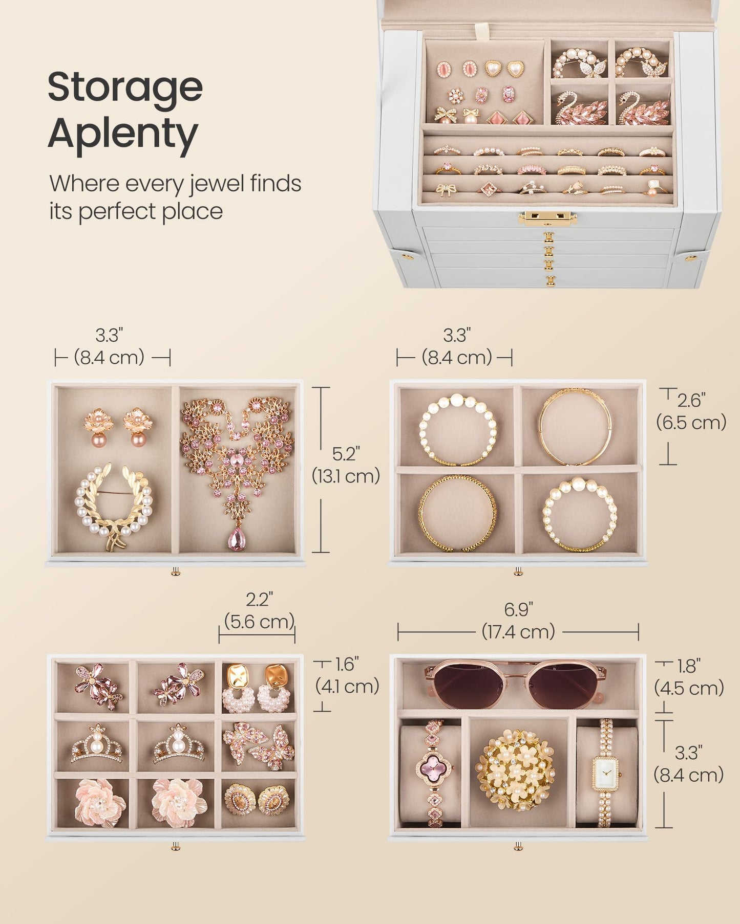 SONGMICS 5-Layer Jewelry Box Organizer with 4 Drawers, Jewelry Storage Case with Lock and Mirror, Large Storage Capacity, Gift for Loved Ones, for Necklaces, Watches, Cream White UJBC153WD01S