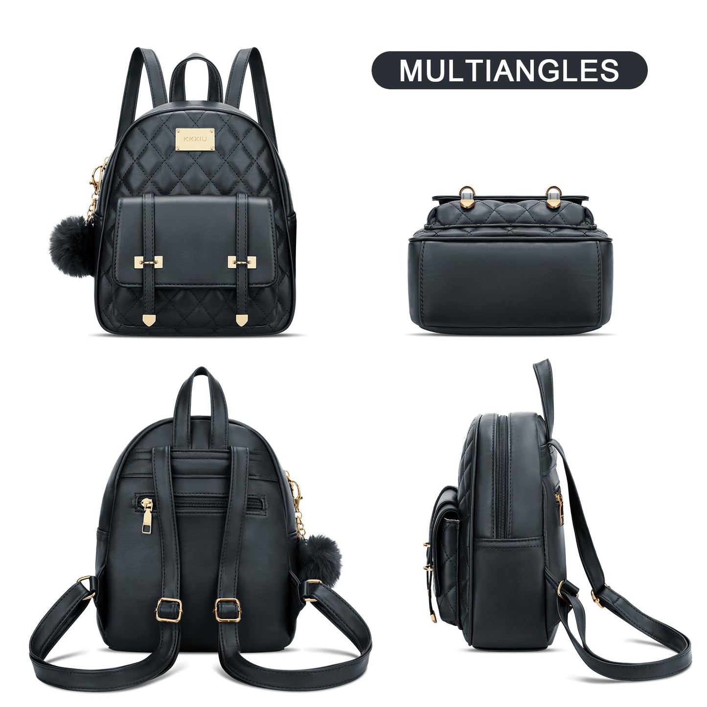 KKXIU Girls Small Backpack Purse Vegan Leather Quilted Mini Daypack for Women Trendy Bookbag (Black)