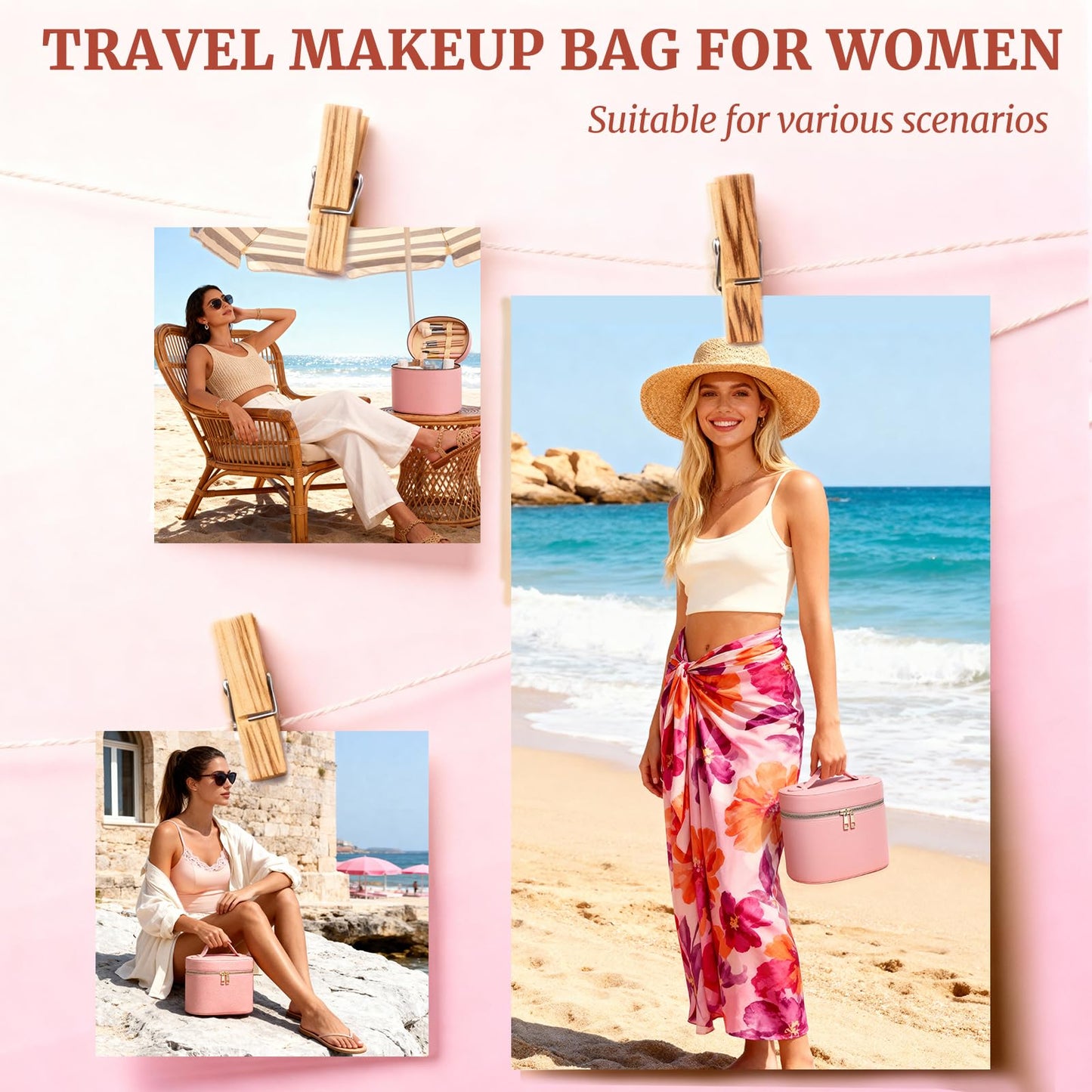 MaqSacion Makeup Bag Vanity Case for Women Leather Cosmetic Bag Makeup Organizer Case Portable Travel Toiletry Bag With Removable Compartments and Handle - Pink