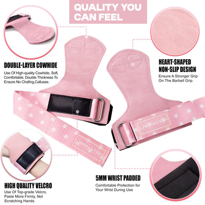 LARA STAR Premium Weight Lifting Wrist Hooks Straps for Maximum Grip Support - Deadlift Gloves and Grip Pads Alternative in Fitness Gym Power Training Like Pull Up Deadlifting & Shrugs (Pink)