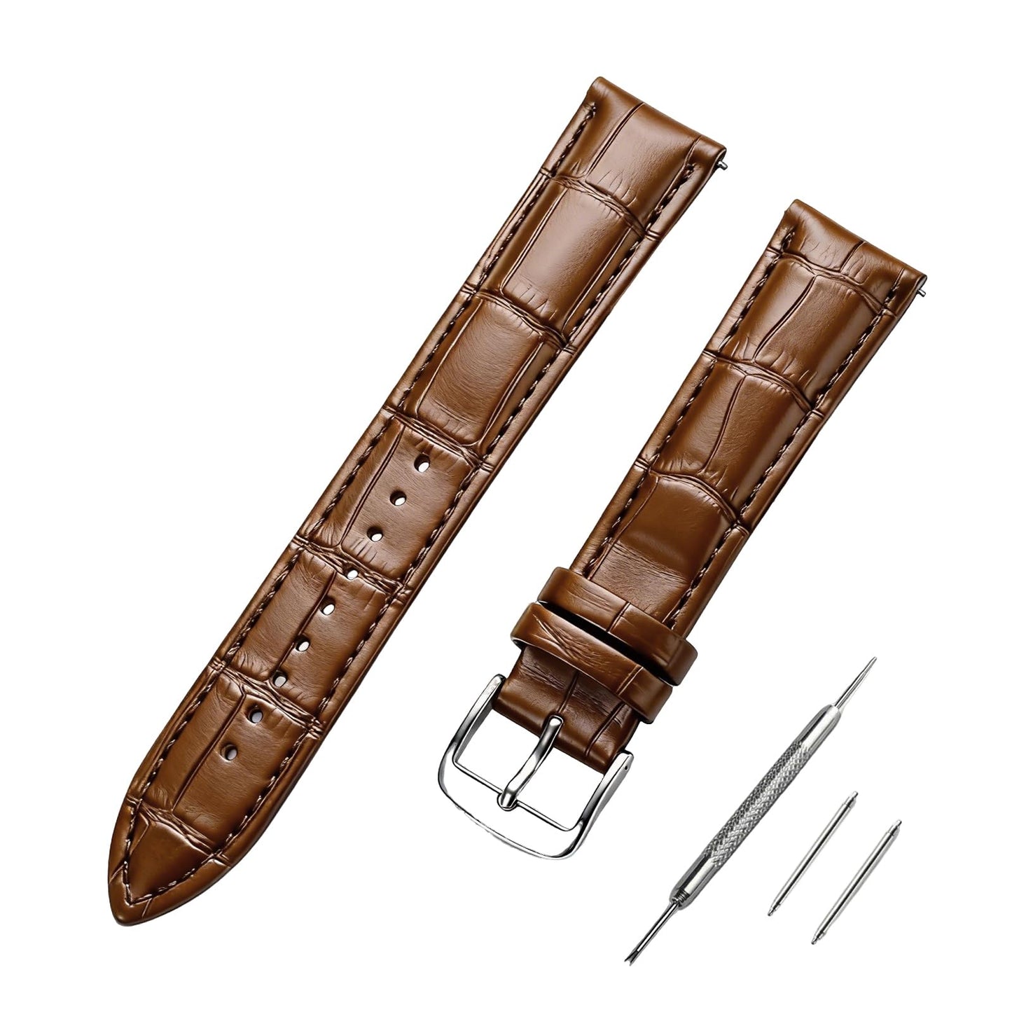 EREBUSE Genuine Leather Watch Strap 18mm 20mm 22mm, Brown Classic Replacement Watch Band for Men Women, Soft Padded Cowhide with Silver Stainless Steel Buckle, Spring Bar Included