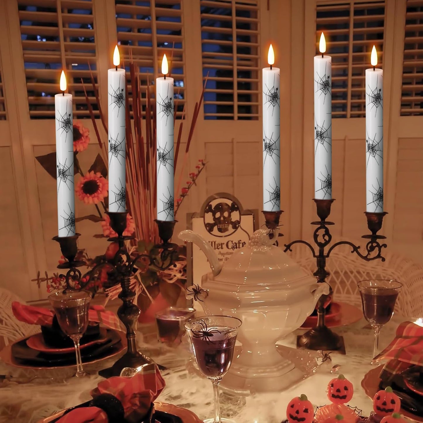 GenSwin Real Wax Flameless Taper Candles, 4 Pack Halloween LED Taper Candles Battery Operated with Remote Timer, Flameless Candlesticks with Spider Web Prints for Halloween Decoration (0.75” x 9.65”)