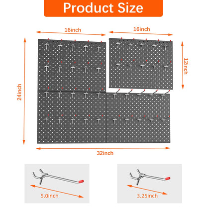 TORACK Metal Pegboard Panels and Hooks for Garage, Workbench, Shop, Shed Tool Organizer Peg Board with 1/8" & 1/4" Holes, Modular Wall-Mounted Pegboard with Pegboard Hooks(Black)